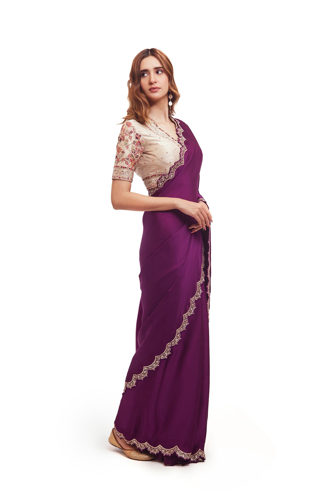 Shop purple organza satin saree online in USA with embroidered saree blouse. Look your best at parties and weddings in beautiful designer sarees, embroidered sarees, handwoven sarees, silk sarees, organza saris from Pure Elegance Indian saree store in USA.-side