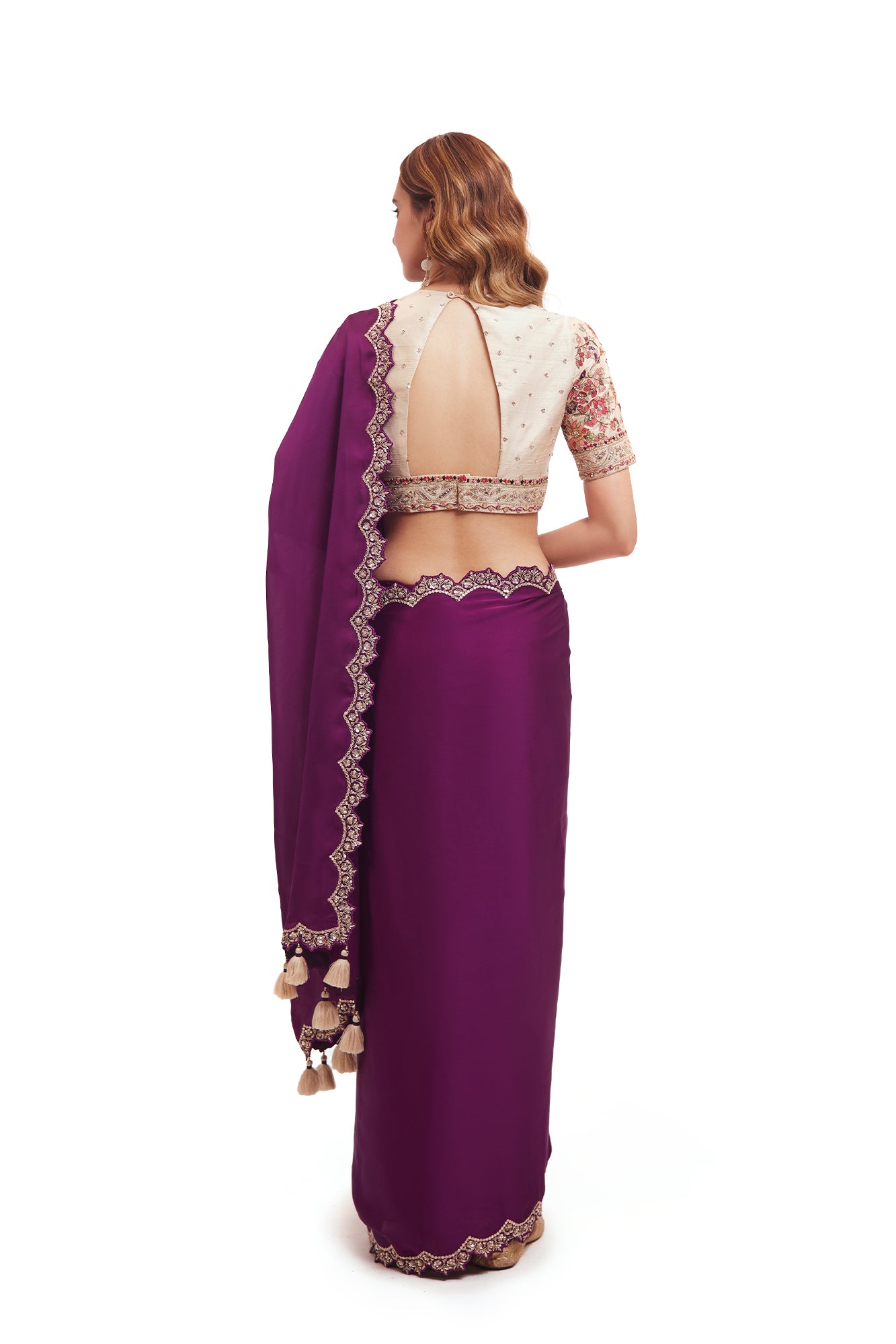Shop purple organza satin saree online in USA with embroidered saree blouse. Look your best at parties and weddings in beautiful designer sarees, embroidered sarees, handwoven sarees, silk sarees, organza saris from Pure Elegance Indian saree store in USA.-back