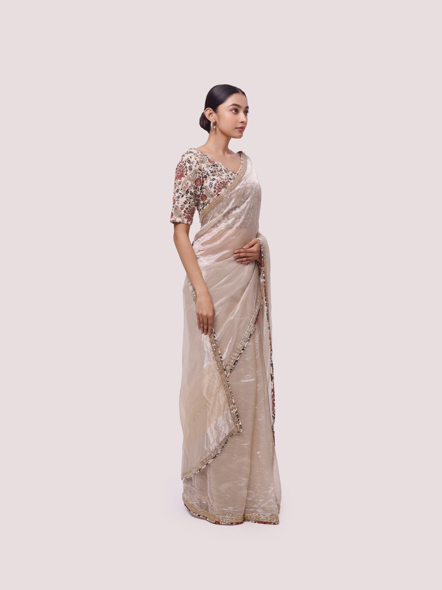 Shop beige handloom tissue saree online in USA with velvet saree blouse. Look your best at parties and weddings in beautiful designer sarees, embroidered sarees, handwoven sarees, silk sarees, organza saris from Pure Elegance Indian saree store in USA.-side