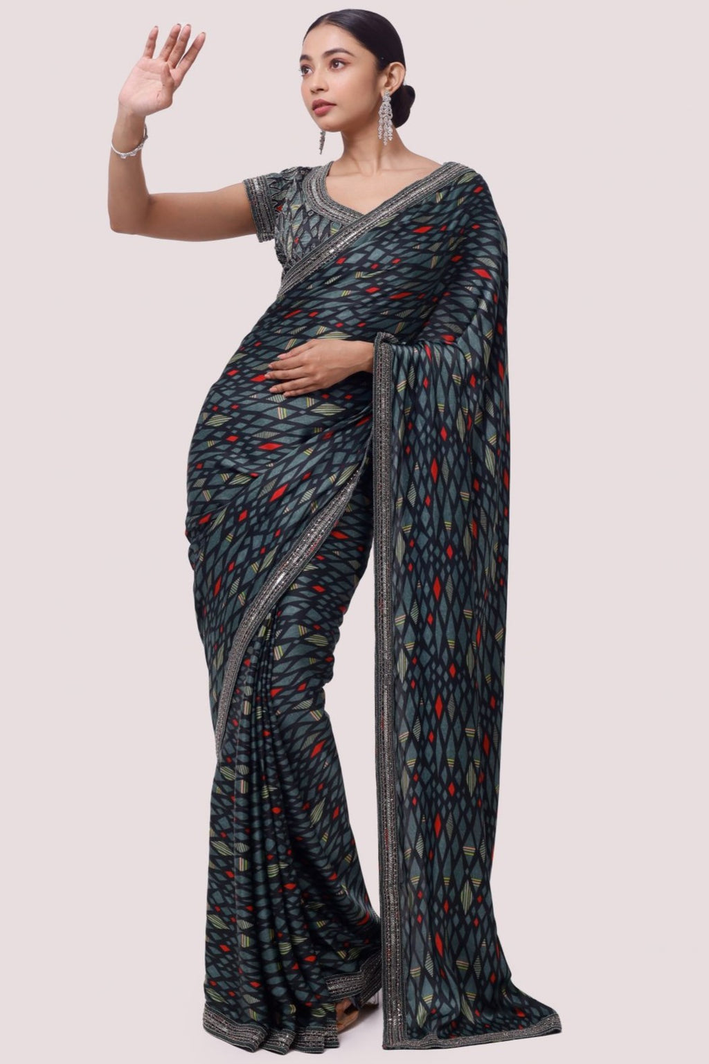 Buy green printed and embroidered satin saree online in USA with saree blouse. Look your best at parties and weddings in beautiful designer sarees, embroidered sarees, handwoven sarees, silk sarees, organza saris from Pure Elegance Indian saree store in USA.-full view