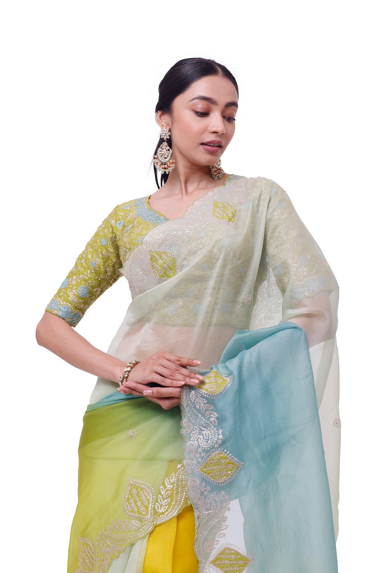 Buy stunning green aqua embroidered organza saree online in USA with saree blouse. Look your best at parties and weddings in beautiful designer sarees, embroidered sarees, handwoven sarees, silk sarees, organza saris from Pure Elegance Indian saree store in USA.-closeup
