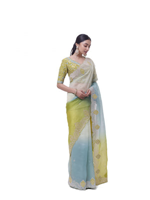 Buy stunning green aqua embroidered organza saree online in USA with saree blouse. Look your best at parties and weddings in beautiful designer sarees, embroidered sarees, handwoven sarees, silk sarees, organza saris from Pure Elegance Indian saree store in USA.-side