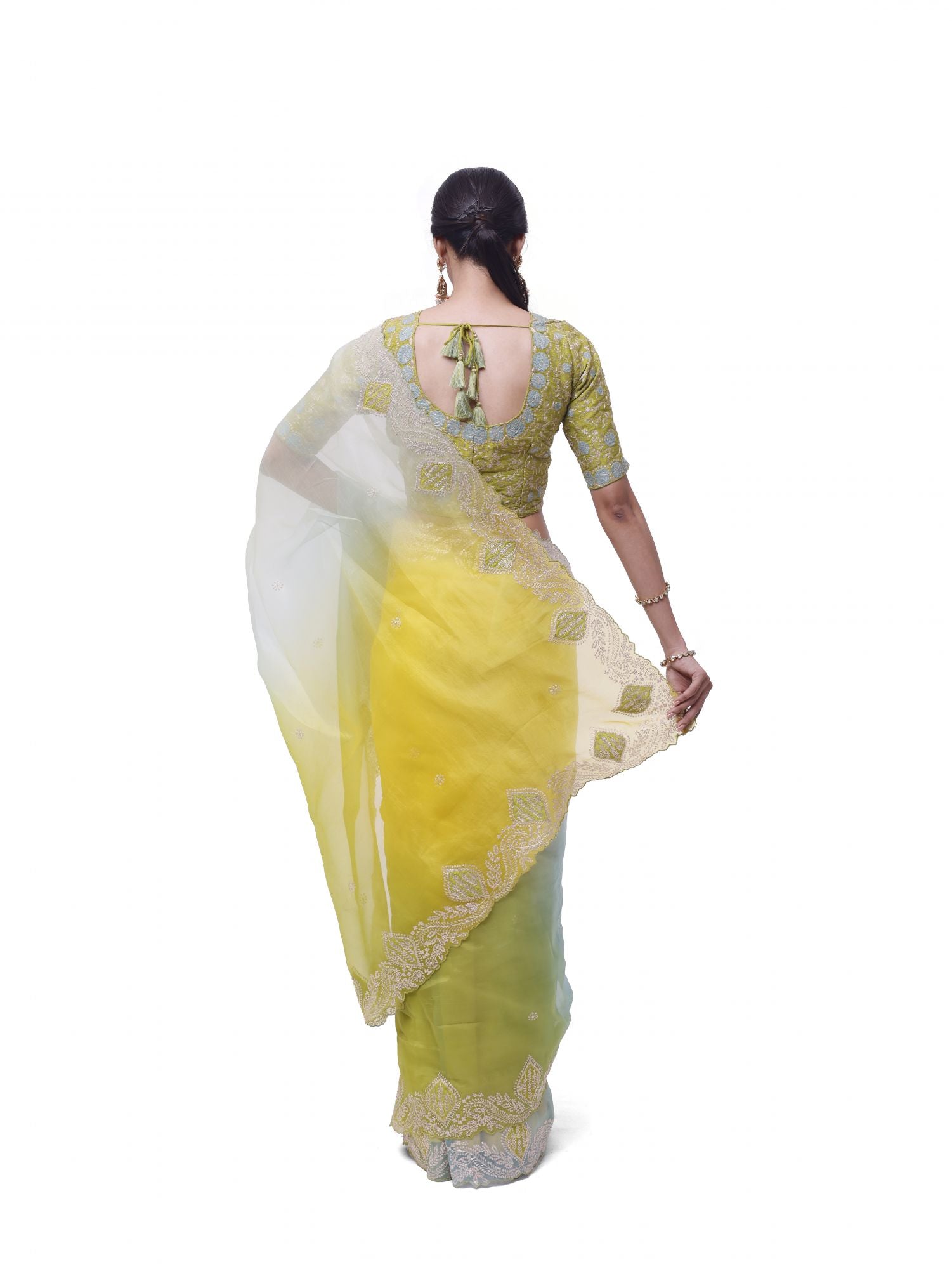 Buy stunning green aqua embroidered organza saree online in USA with saree blouse. Look your best at parties and weddings in beautiful designer sarees, embroidered sarees, handwoven sarees, silk sarees, organza saris from Pure Elegance Indian saree store in USA.-back