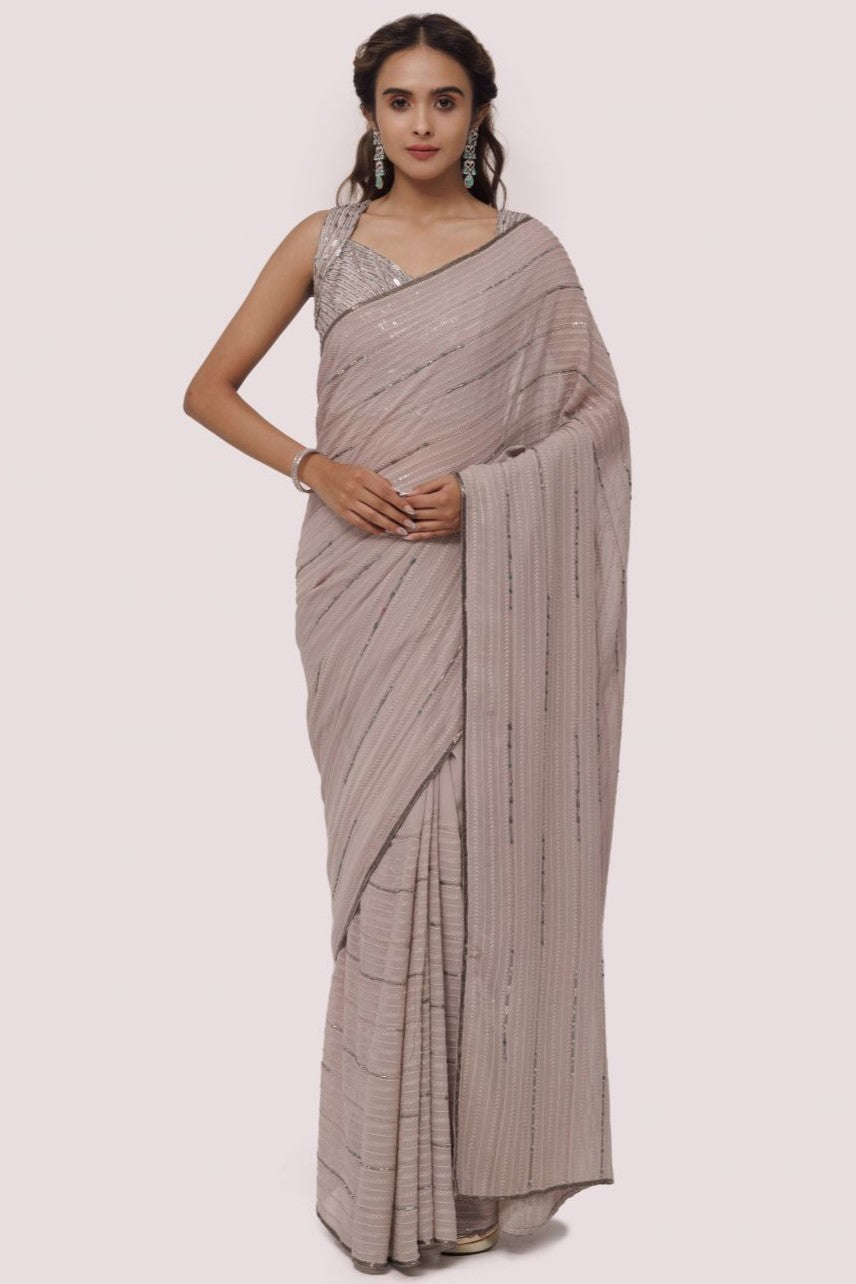 Shop grey embroidered chikan saree online in USA with raw silk saree blouse. Look your best at parties and weddings in beautiful designer sarees, embroidered sarees, handwoven sarees, silk sarees, organza saris from Pure Elegance Indian saree store in USA.-full view