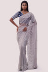 Shop grey embroidered organza saree online in USA with blue saree blouse. Look your best at parties and weddings in beautiful designer sarees, embroidered sarees, handwoven sarees, silk sarees, organza saris from Pure Elegance Indian saree store in USA.-full view