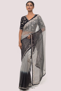 Buy grey and black embroidered organza saree online in USA with velvet saree blouse. Look your best at parties and weddings in beautiful designer sarees, embroidered sarees, handwoven sarees, silk sarees, organza saris from Pure Elegance Indian saree store in USA.-full view