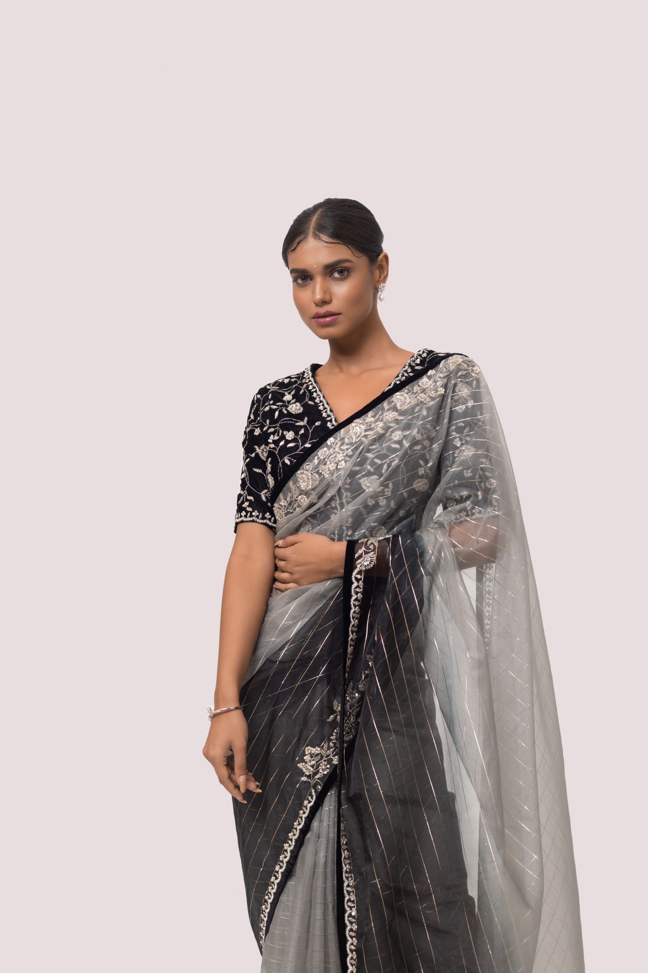 Buy grey and black embroidered organza saree online in USA with velvet saree blouse. Look your best at parties and weddings in beautiful designer sarees, embroidered sarees, handwoven sarees, silk sarees, organza saris from Pure Elegance Indian saree store in USA.-closeup