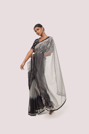 Buy grey and black embroidered organza saree online in USA with velvet saree blouse. Look your best at parties and weddings in beautiful designer sarees, embroidered sarees, handwoven sarees, silk sarees, organza saris from Pure Elegance Indian saree store in USA.-saree
