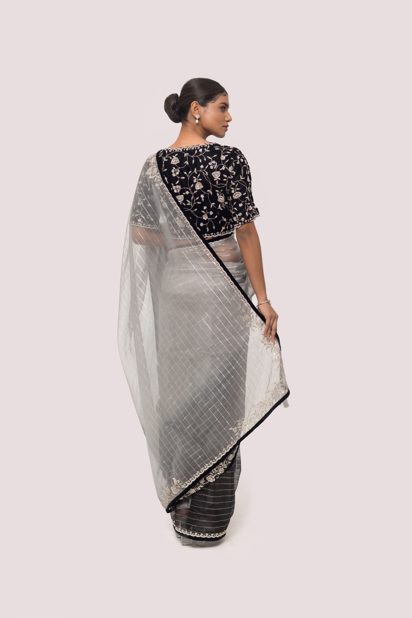 Buy grey and black embroidered organza saree online in USA with velvet saree blouse. Look your best at parties and weddings in beautiful designer sarees, embroidered sarees, handwoven sarees, silk sarees, organza saris from Pure Elegance Indian saree store in USA.-back