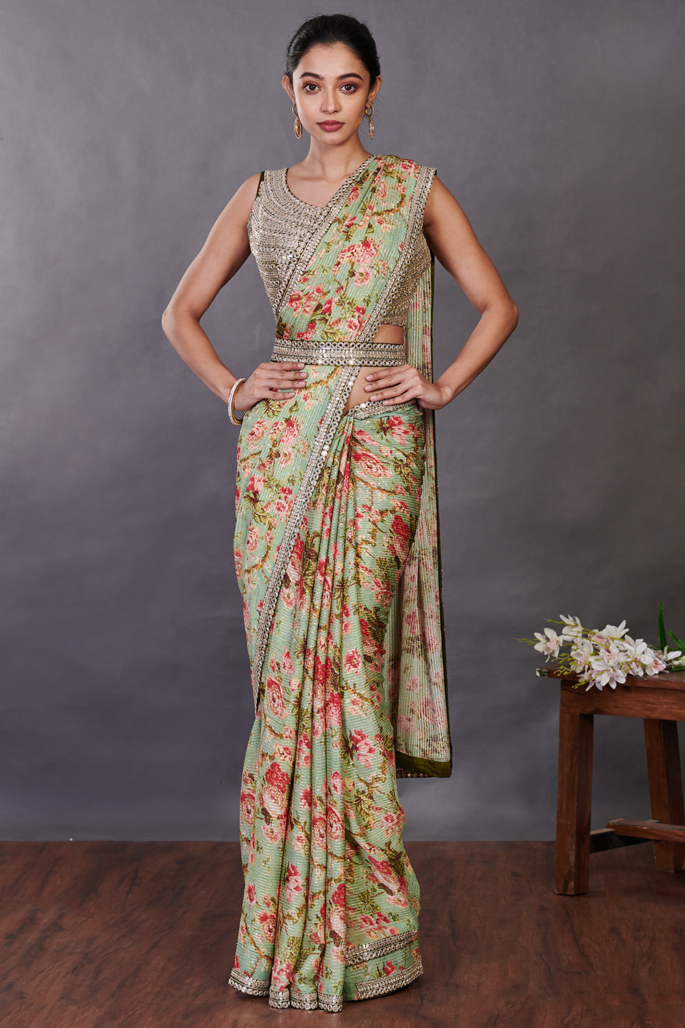 Shop beautiful green multicolor floral Chikan saree online in USA with blouse. Look your best at parties and weddings in beautiful designer sarees, embroidered sarees, handwoven sarees, silk sarees, organza saris from Pure Elegance Indian saree store in USA.-full view