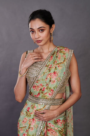 Shop beautiful green multicolor floral Chikan saree online in USA with blouse. Look your best at parties and weddings in beautiful designer sarees, embroidered sarees, handwoven sarees, silk sarees, organza saris from Pure Elegance Indian saree store in USA.-closeup