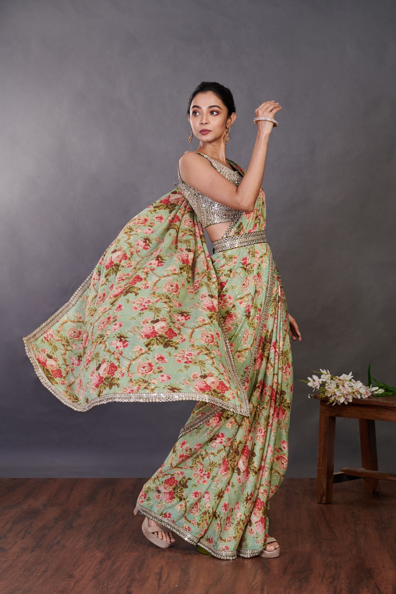 Shop beautiful green multicolor floral Chikan saree online in USA with blouse. Look your best at parties and weddings in beautiful designer sarees, embroidered sarees, handwoven sarees, silk sarees, organza saris from Pure Elegance Indian saree store in USA.-saree