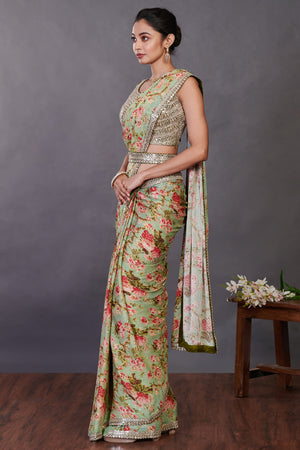 Shop beautiful green multicolor floral Chikan saree online in USA with blouse. Look your best at parties and weddings in beautiful designer sarees, embroidered sarees, handwoven sarees, silk sarees, organza saris from Pure Elegance Indian saree store in USA.-side