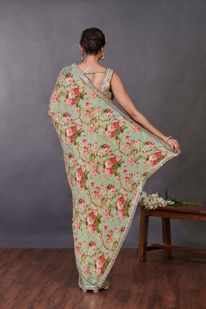 Shop beautiful green multicolor floral Chikan saree online in USA with blouse. Look your best at parties and weddings in beautiful designer sarees, embroidered sarees, handwoven sarees, silk sarees, organza saris from Pure Elegance Indian saree store in USA.-back