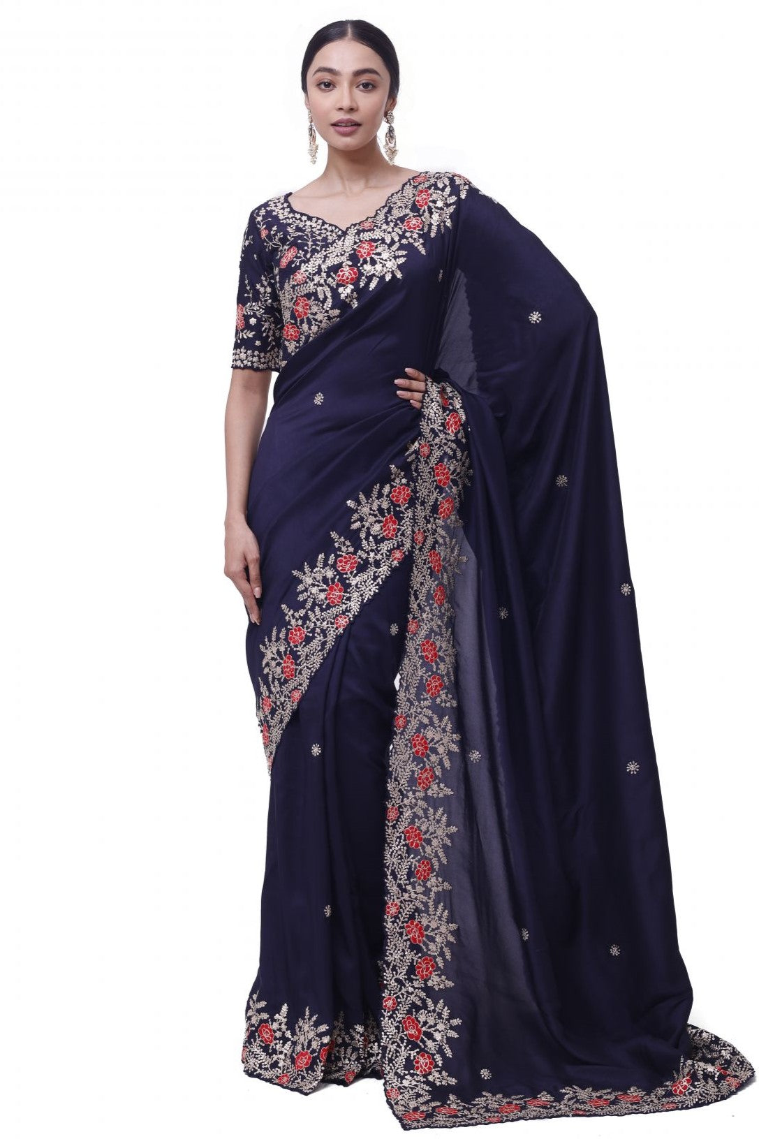 Buy navy blue zari and thread work silk saree online in USA with blouse. Look your best at parties and weddings in beautiful designer sarees, embroidered sarees, handwoven sarees, silk sarees, organza saris from Pure Elegance Indian saree store in USA.-full view