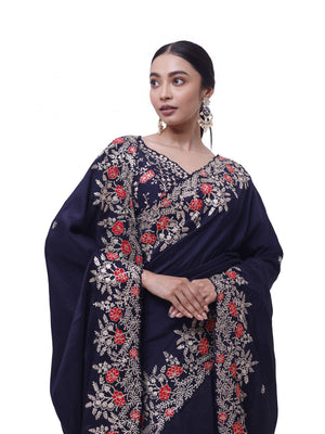 Buy navy blue zari and thread work silk saree online in USA with blouse. Look your best at parties and weddings in beautiful designer sarees, embroidered sarees, handwoven sarees, silk sarees, organza saris from Pure Elegance Indian saree store in USA.-closeup