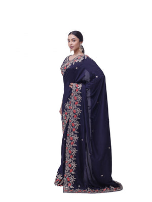Buy navy blue zari and thread work silk saree online in USA with blouse. Look your best at parties and weddings in beautiful designer sarees, embroidered sarees, handwoven sarees, silk sarees, organza saris from Pure Elegance Indian saree store in USA.-side