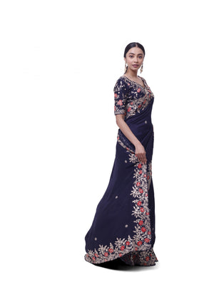 Buy navy blue zari and thread work silk saree online in USA with blouse. Look your best at parties and weddings in beautiful designer sarees, embroidered sarees, handwoven sarees, silk sarees, organza saris from Pure Elegance Indian saree store in USA.-side