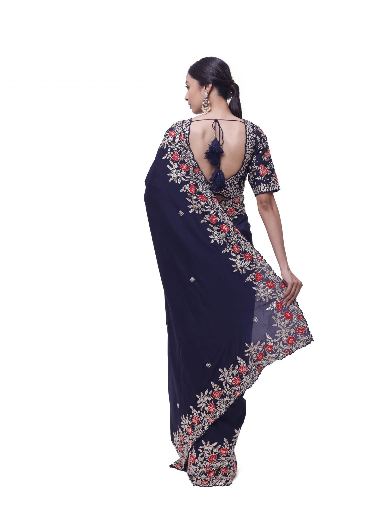 Buy navy blue zari and thread work silk saree online in USA with blouse. Look your best at parties and weddings in beautiful designer sarees, embroidered sarees, handwoven sarees, silk sarees, organza saris from Pure Elegance Indian saree store in USA.-back
