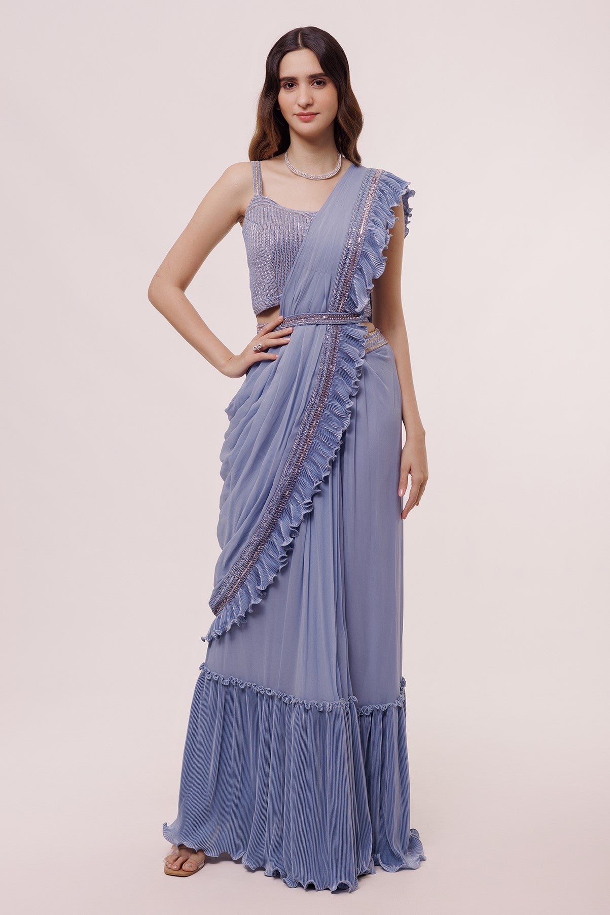 Pre-Draped Ruffle Saree with Blouse | Saree trends, Saree designs party  wear, Party wear indian dresses