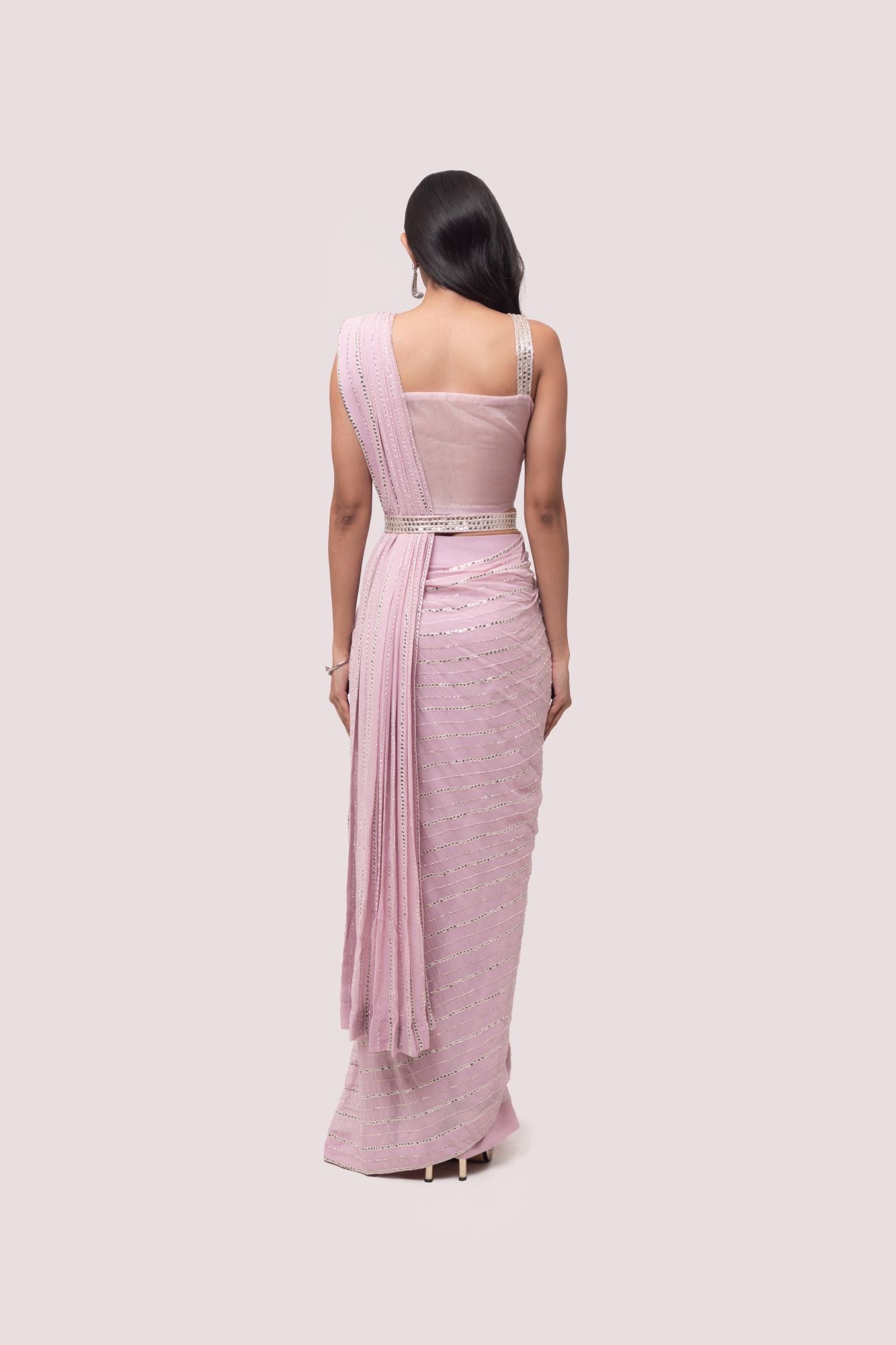 90Z873-RO Pink Georgette Pre Stiched Drape Saree Set