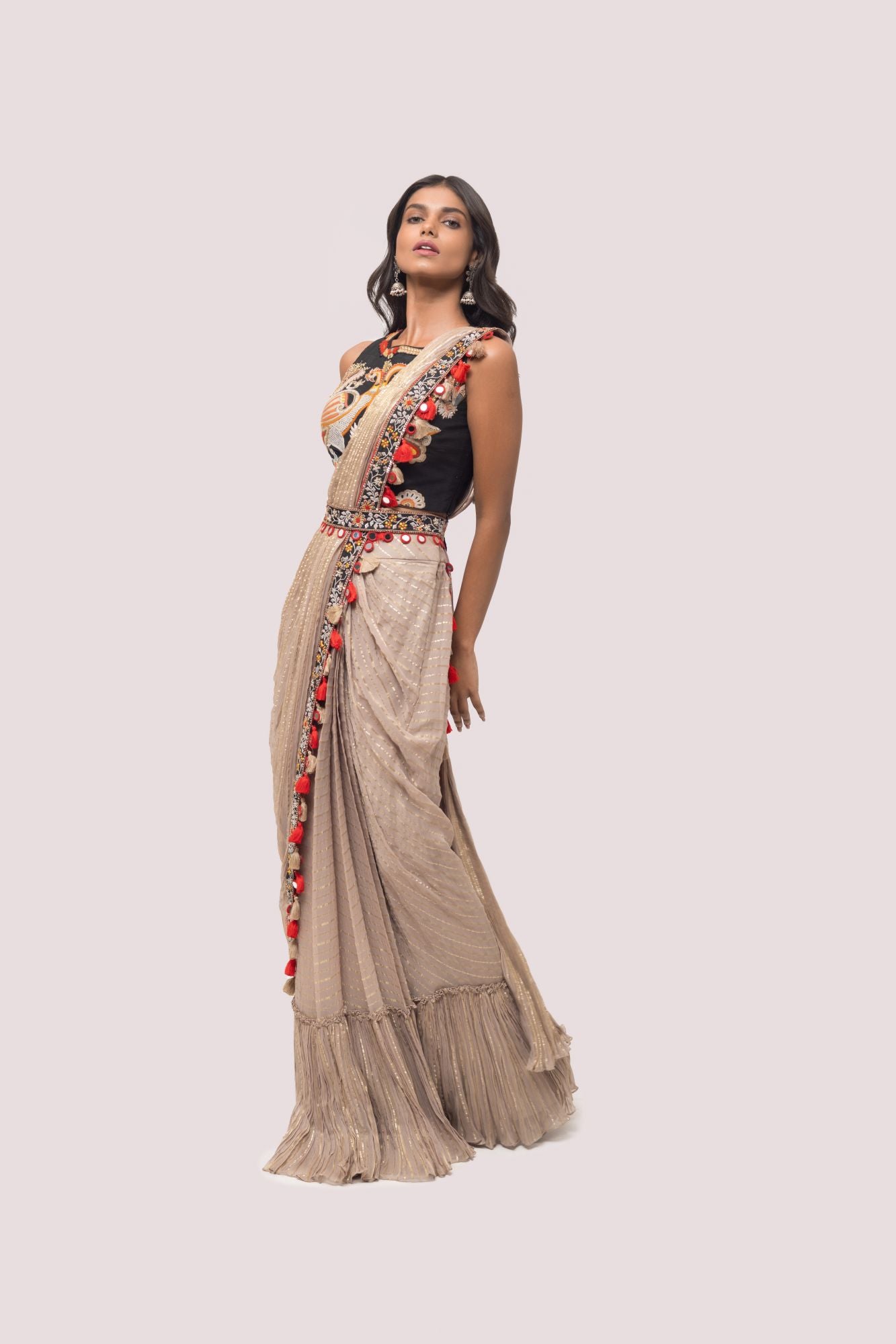 90Z890-RO Beige Silk Pre Stiched Saree Set With Sleeveless Blouse