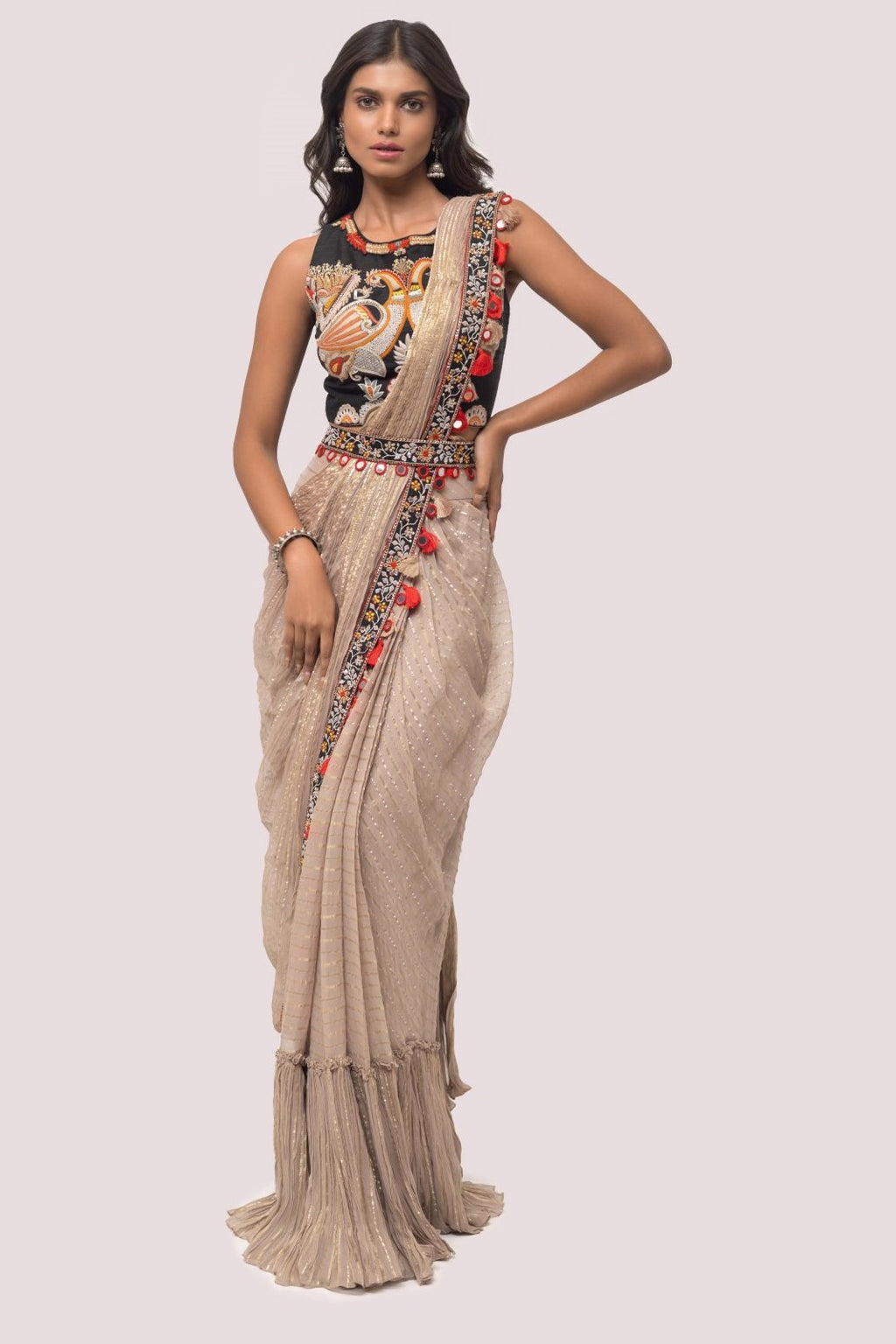 90Z890-RO Beige Silk Pre Stiched Saree Set With Sleeveless Blouse