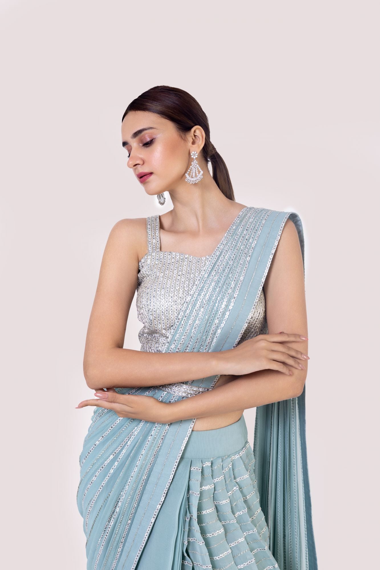 Shop Light Blue Drape Saree With Mirror Work Online in USA – Pure Elegance