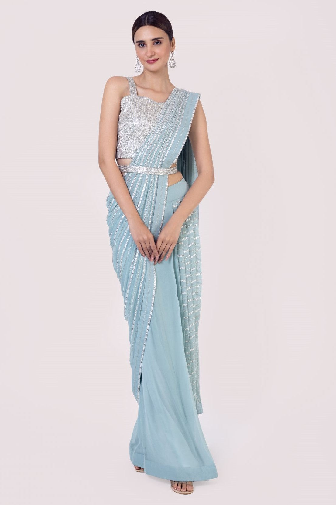 Shop Light Blue Drape Saree With Mirror Work Online in USA – Pure