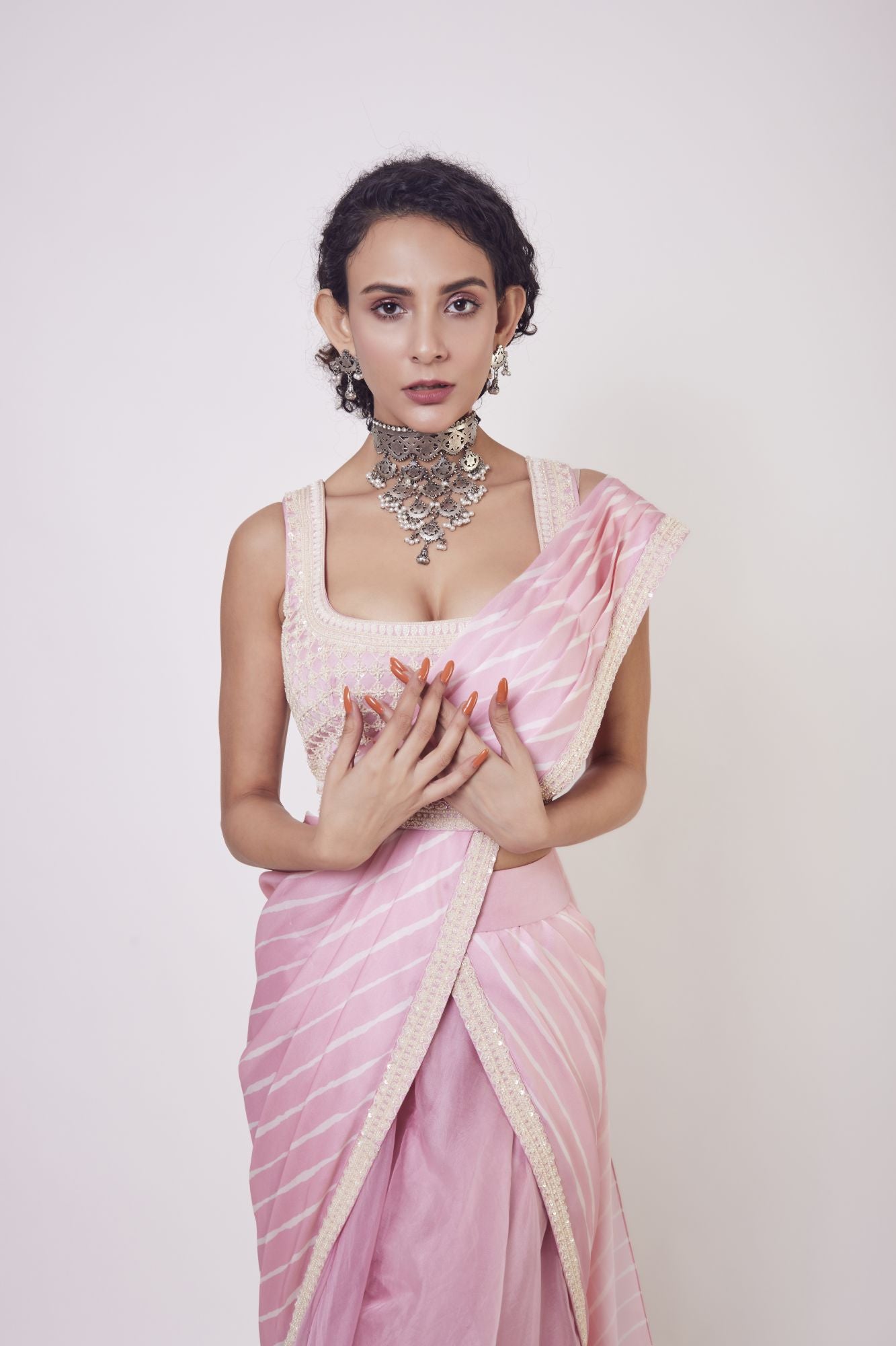 90Z926-RO Light Pink Drape Saree Embroidered With Sequence Work