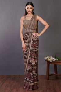 Shop a multicolor pre-stiched saree set with embroidered blouse and belt. Make a fashion statement on festive occasions and weddings with designer sarees, designer suits, Indian dresses, Anarkali suits, palazzo suits, designer gowns, sharara suits, and embroidered sarees from Pure Elegance Indian fashion store in the USA.