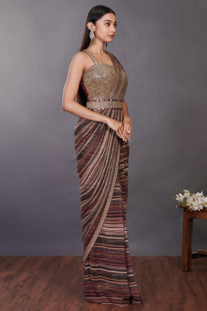 Shop a multicolor pre-stiched saree set with embroidered blouse and belt. Make a fashion statement on festive occasions and weddings with designer sarees, designer suits, Indian dresses, Anarkali suits, palazzo suits, designer gowns, sharara suits, and embroidered sarees from Pure Elegance Indian fashion store in the USA.