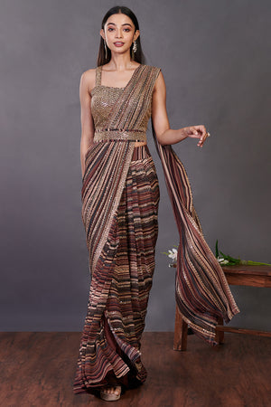 Shop a multicolor pre-stiched saree set with embroidered blouse and belt. Make a fashion statement on festive occasions and weddings with designer sarees, designer suits, Indian dresses, Anarkali suits, palazzo suits, designer gowns, sharara suits, and embroidered sarees from Pure Elegance Indian fashion store in the USA.