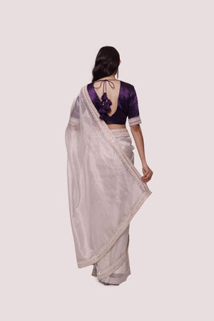 Shop Grey Silk Saree With Contrasting Purple Blouse Online in USA