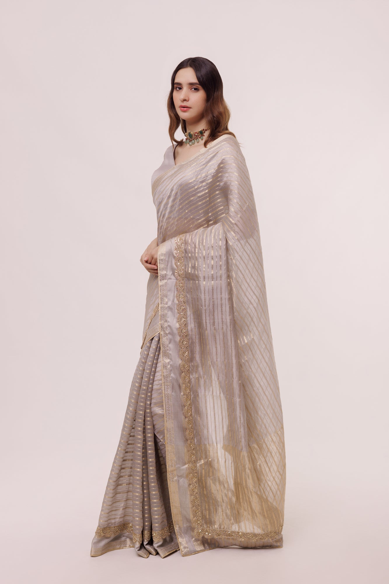 90Z976-RO Grey Organza Saree With Indian Saree Blouse