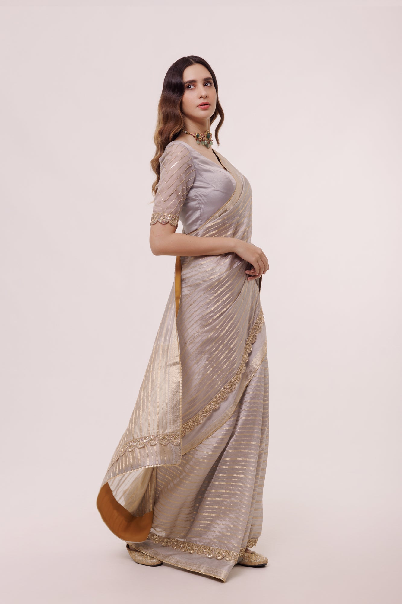 90Z976-RO Grey Organza Saree With Indian Saree Blouse