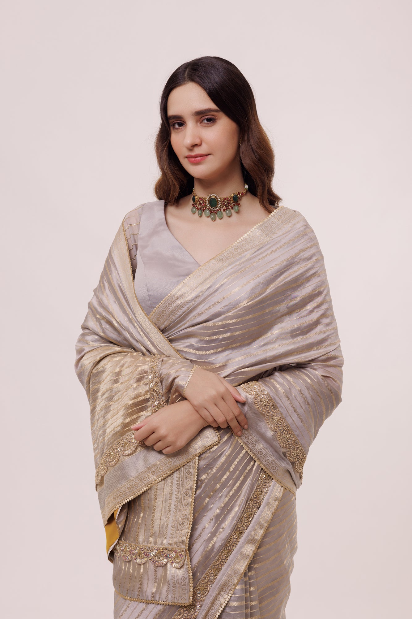 90Z976-RO Grey Organza Saree With Indian Saree Blouse