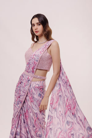 90Z977-RO Pink Saree With Multicolor Floral Print