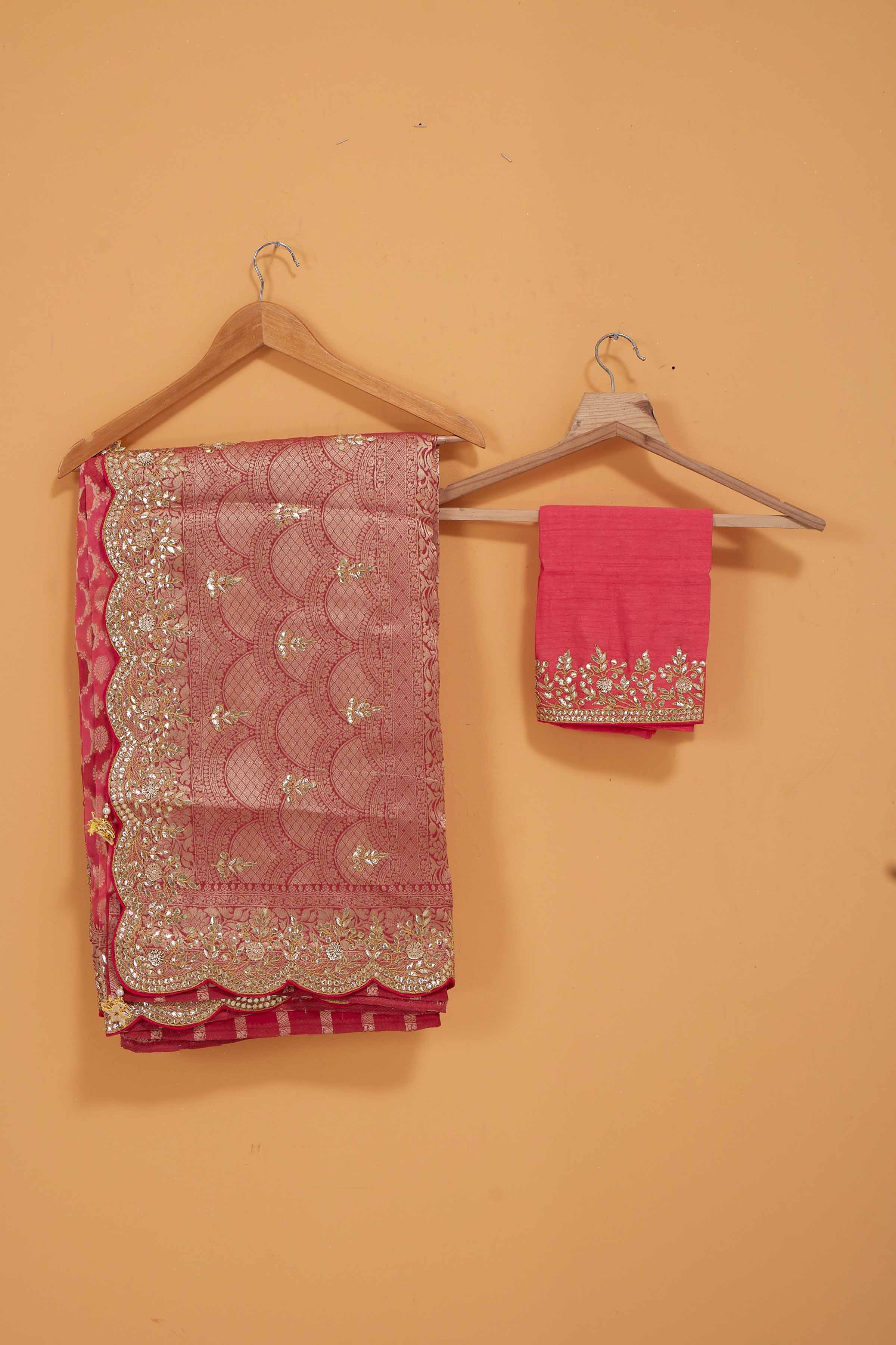 Buy beautiful pink Banarasi saree online in USA with embroidered border. Look royal at weddings and festive occasions in exquisite designer sarees, handwoven sarees, pure silk saris, Banarasi sarees, Kanchipuram silk sarees from Pure Elegance Indian saree store in USA. -blouse