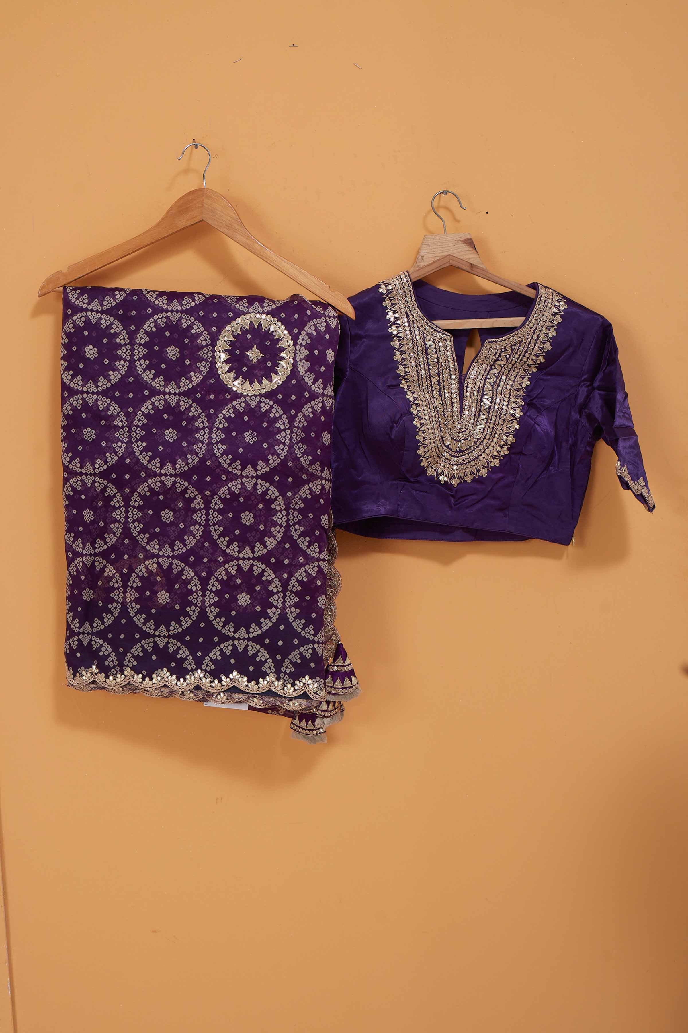 Buy beautiful purple bandhej gota work organza silk sari online in USA with designer blouse. Look royal at weddings and festive occasions in exquisite designer sarees, handwoven sarees, pure silk saris, Banarasi sarees, Kanchipuram silk sarees from Pure Elegance Indian saree store in USA. -blouse