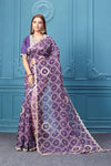 Buy beautiful purple bandhej gota work organza silk sari online in USA with designer blouse. Look royal at weddings and festive occasions in exquisite designer sarees, handwoven sarees, pure silk saris, Banarasi sarees, Kanchipuram silk sarees from Pure Elegance Indian saree store in USA. -full view