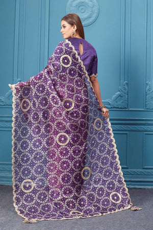 Buy beautiful purple bandhej gota work organza silk sari online in USA with designer blouse. Look royal at weddings and festive occasions in exquisite designer sarees, handwoven sarees, pure silk saris, Banarasi sarees, Kanchipuram silk sarees from Pure Elegance Indian saree store in USA. -back