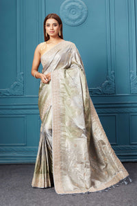 Shop beautiful grey Mashru Banarasi saree online in USA with embroidery. Look royal at weddings and festive occasions in exquisite designer sarees, handwoven sarees, pure silk saris, Banarasi sarees, Kanchipuram silk sarees from Pure Elegance Indian saree store in USA. -full view