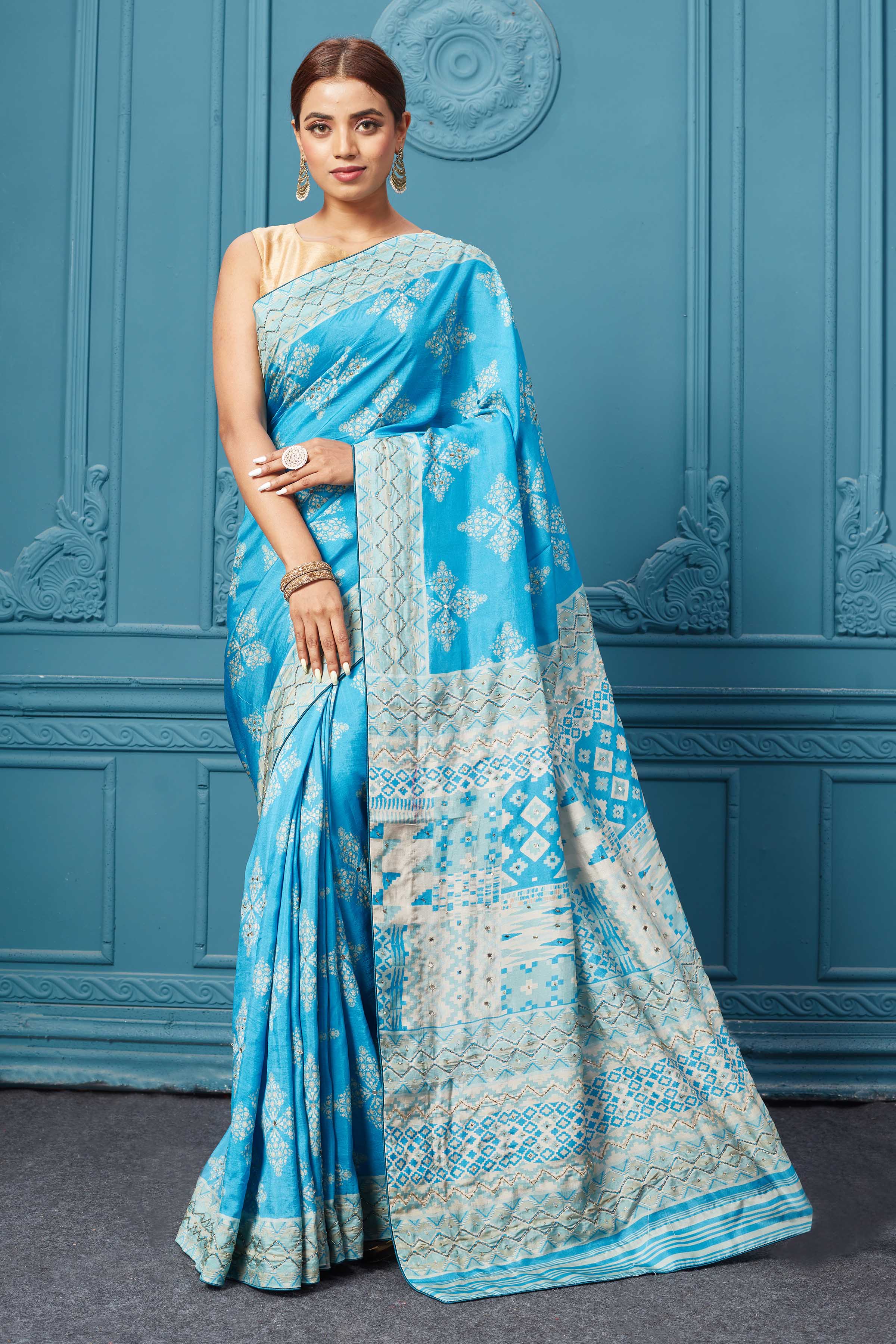 Buy pastel multicolor chevron Mulberry silk embroidered saree online in USA. Look royal at weddings and festive occasions in exquisite designer sarees, handwoven sarees, pure silk saris, Banarasi sarees, Kanchipuram silk sarees from Pure Elegance Indian saree store in USA. 