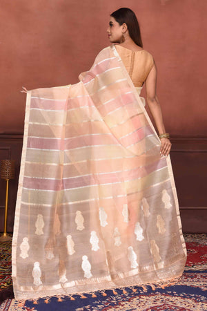 Buy pastel pink zari stripes organza Banarasi saree online in USA with zari buta. Look your best on festive occasions in latest designer sarees, pure silk sarees, Kanchipuram silk sarees, handwoven sarees, tussar silk sarees, embroidered sarees from Pure Elegance Indian clothing store in USA.-back