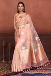 Shop pink zari stripes organza Banarasi saree online in USA with zari buta. Look your best on festive occasions in latest designer sarees, pure silk sarees, Kanchipuram silk sarees, handwoven sarees, tussar silk sarees, embroidered sarees from Pure Elegance Indian clothing store in USA.-full view