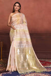 Shop yellow and peach striped zari organza Banarasi saree online in USA. Look your best on festive occasions in latest designer sarees, pure silk sarees, Kanchipuram silk sarees, handwoven sarees, tussar silk sarees, embroidered sarees from Pure Elegance Indian clothing store in USA.-full view