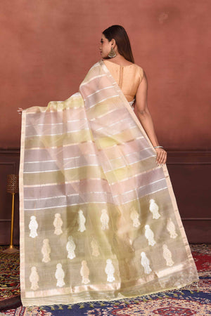 Shop yellow and peach striped zari organza Banarasi saree online in USA. Look your best on festive occasions in latest designer sarees, pure silk sarees, Kanchipuram silk sarees, handwoven sarees, tussar silk sarees, embroidered sarees from Pure Elegance Indian clothing store in USA.-back