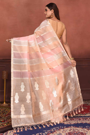 Shop beautiful peach and pink striped zari organza Banarasi saree online in USA. Look your best on festive occasions in latest designer sarees, pure silk sarees, Kanchipuram silk sarees, handwoven sarees, tussar silk sarees, embroidered sarees from Pure Elegance Indian clothing store in USA.-back