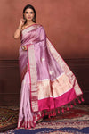 Buy beautiful lavender Katan silk Banarasi saree online in USA with floral buta. Look your best on festive occasions in latest designer sarees, pure silk sarees, Kanchipuram silk sarees, handwoven sarees, tussar silk sarees, embroidered sarees from Pure Elegance Indian clothing store in USA.-full view